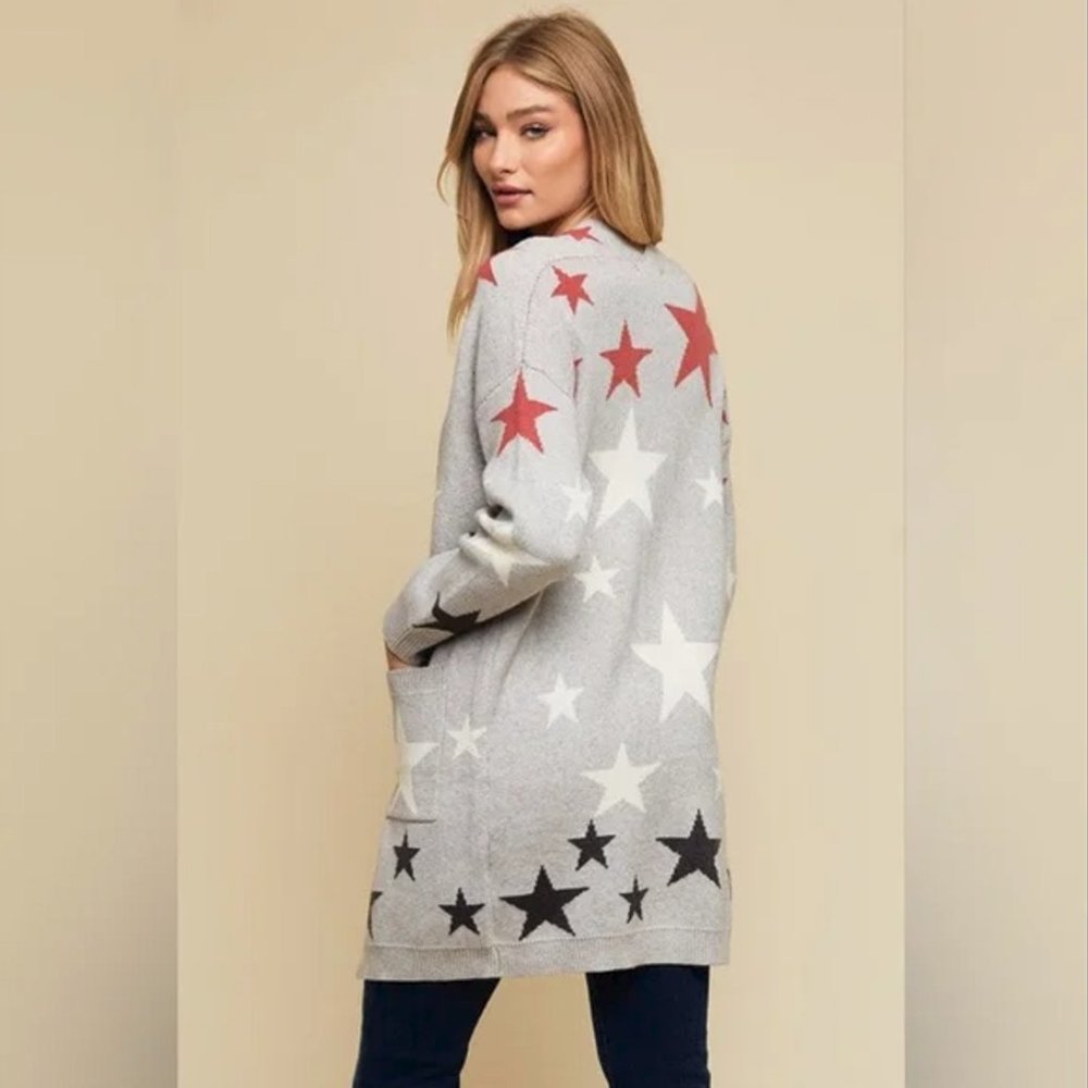 Limited MODCLOTH Dreamers Gray Cardigan with Red White & Navy Patriotic Stars XS